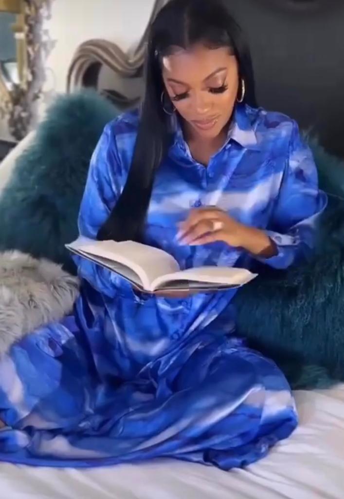 Real Housewives of Atlanta Porsha Williams Guobadia wearing Sai Sankoh Blue Ocean Print Shirt Dress