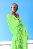 The Poppy Floral Jumpsuit in Green has gorgeous floral lace at the edge of the fabric, along with faux feathers that create a fun texture. This jumpsuit has a built in waist adjuster, allowing it to be one size fits all.