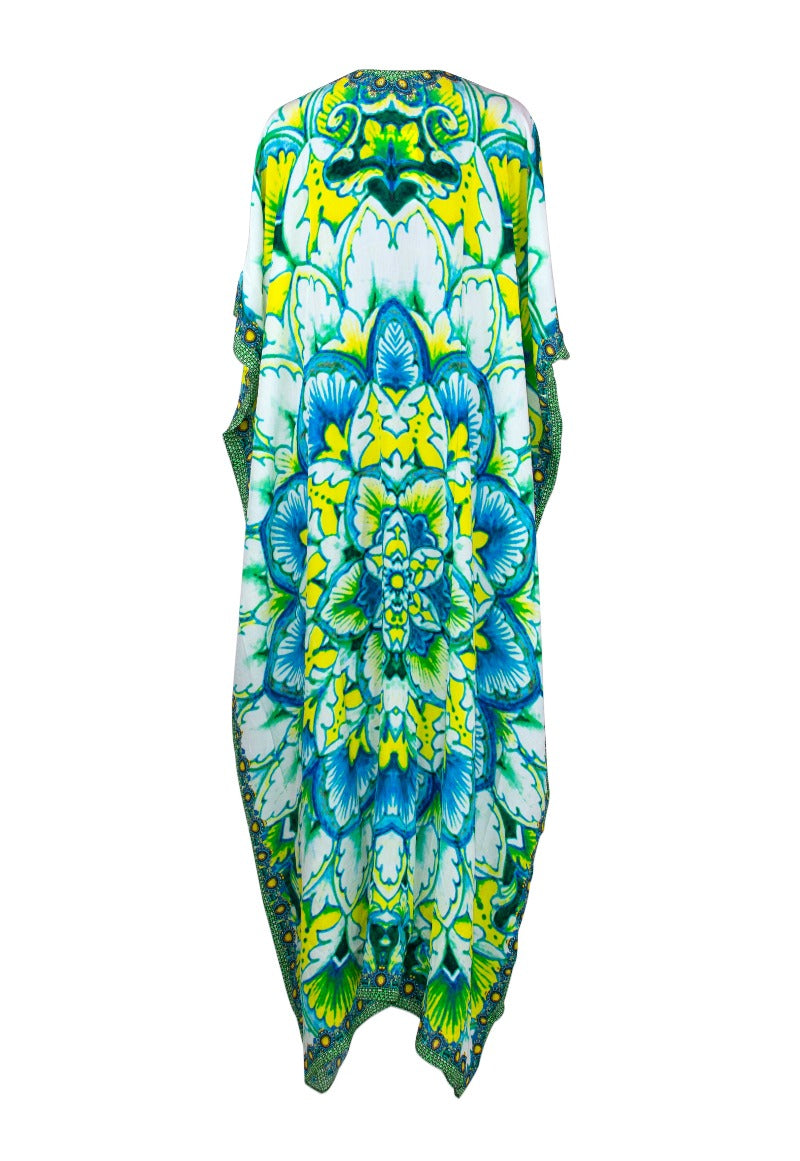 Green Guinevere Long Silk Crepe Embellished Lace Up Kaftan - saisankoh