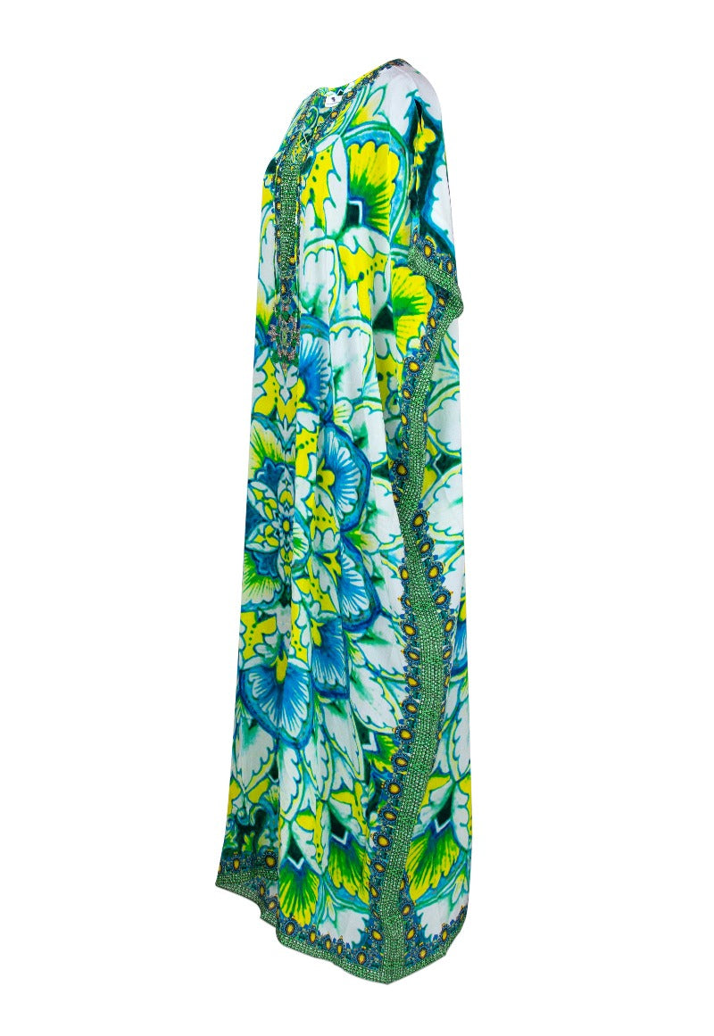 Green Guinevere Long Silk Crepe Embellished Lace Up Kaftan - saisankoh