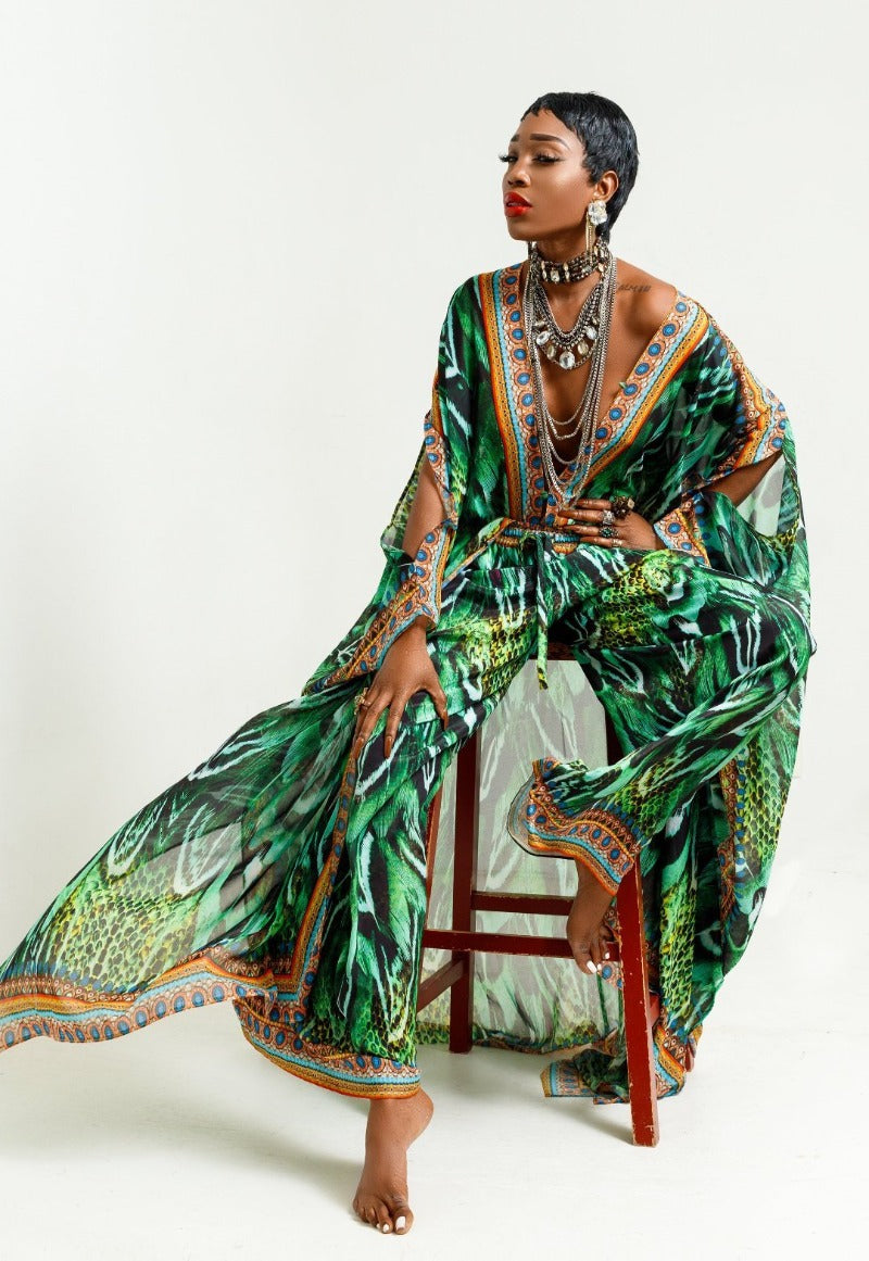 Green Luxury Kaftans printed silk for travel