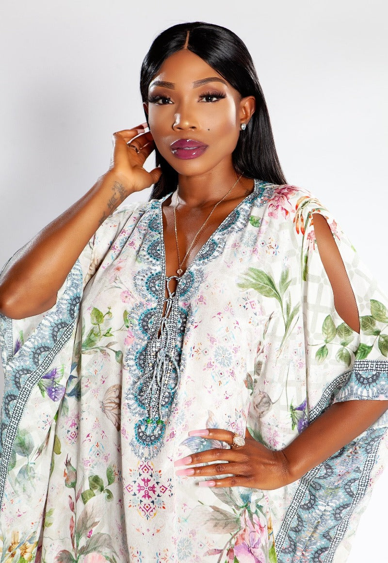 Gloria Long Silk Crepe Lace Up Kaftan - saisankoh
