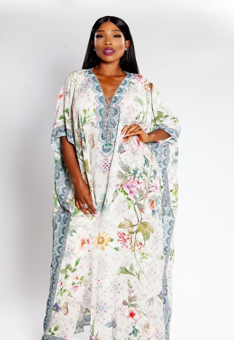 Gloria Long Silk Crepe Lace Up Kaftan - saisankoh