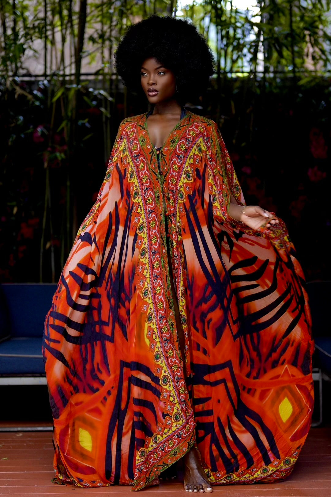 Dahlia Goddess kaftan by Sai Sankoh, luxury resort kaftan