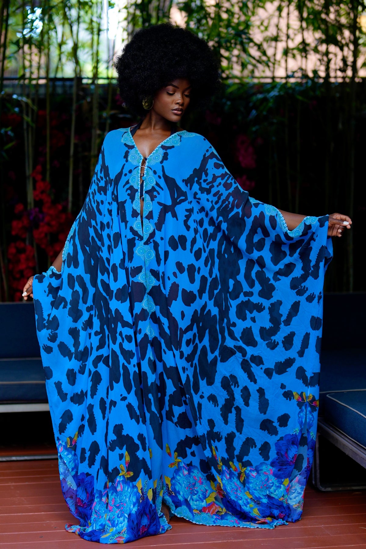 Blue Jezebel Goddess Kaftan by Sai Sankoh, luxury resort kaftan