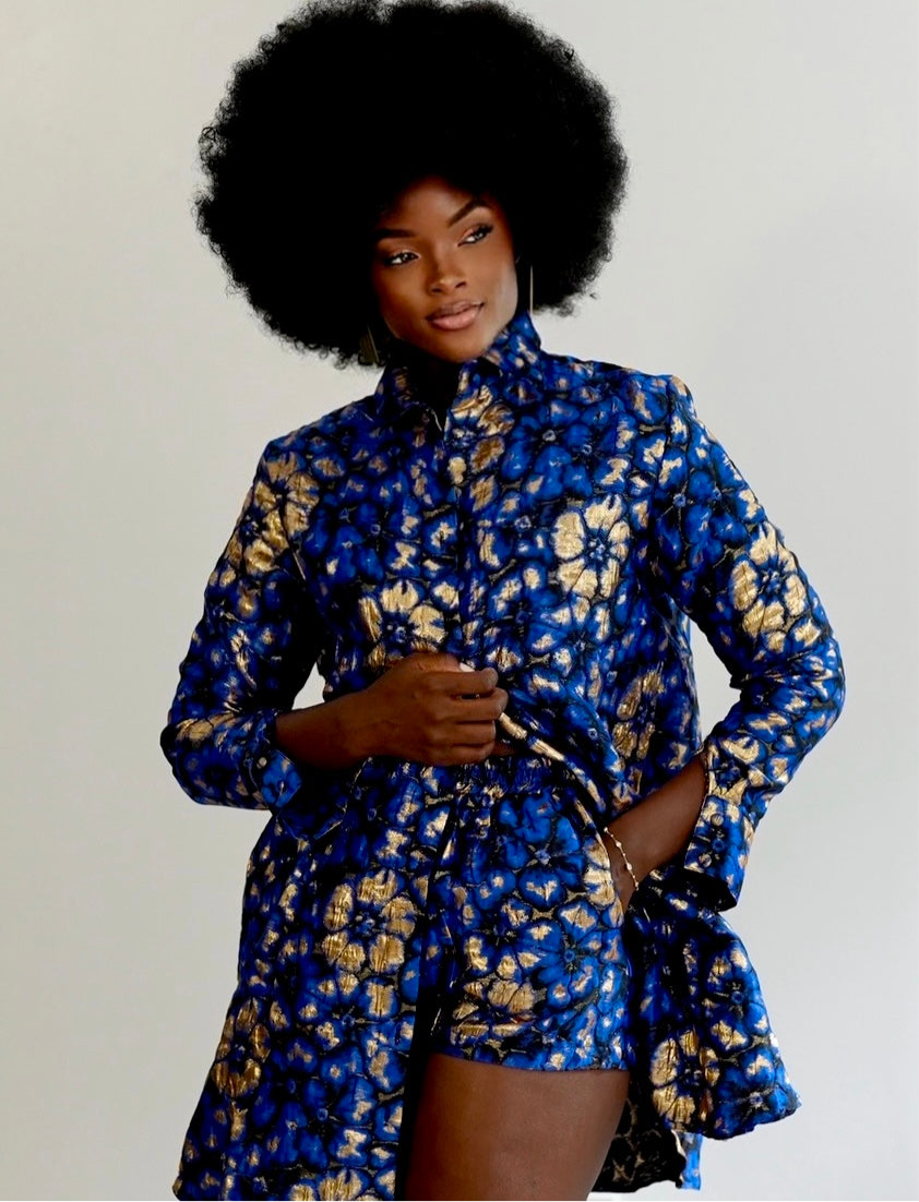 Ophelia Button Top in Blue by Sai Sankoh, luxury resort blouse