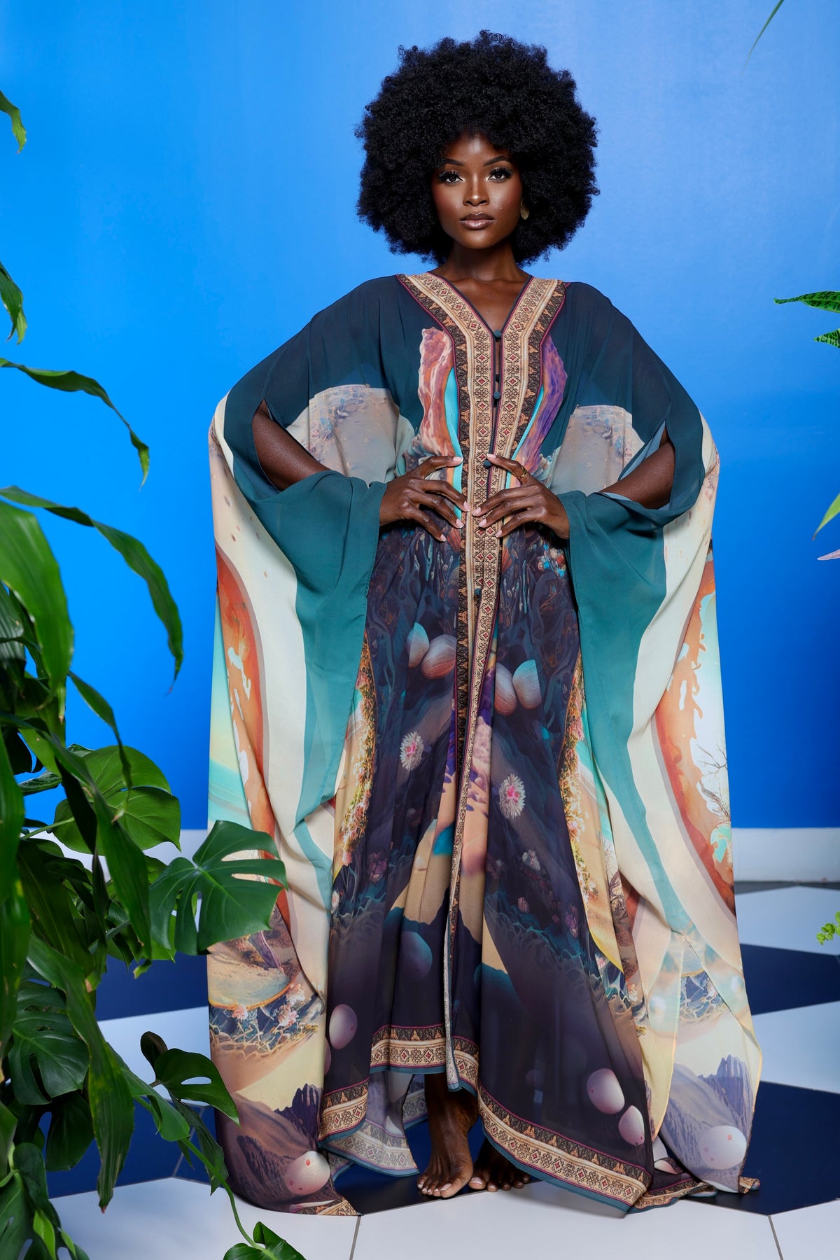 Kim Goddess Kaftan by Sai Sankoh, luxury resort kaftan