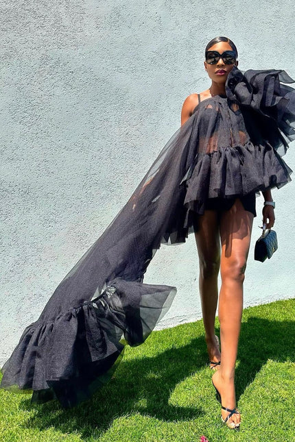 Black Earlene Ruffle Top by Sai Sankoh, luxury resort blouse