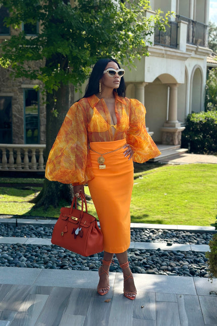 Orange bloom Pencil Skirt by Sai Sankoh, luxury resort skirt
