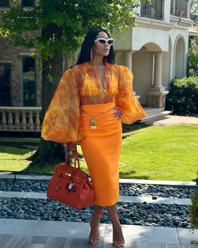 Orange bloom Pencil Skirt by Sai Sankoh, luxury resort skirt