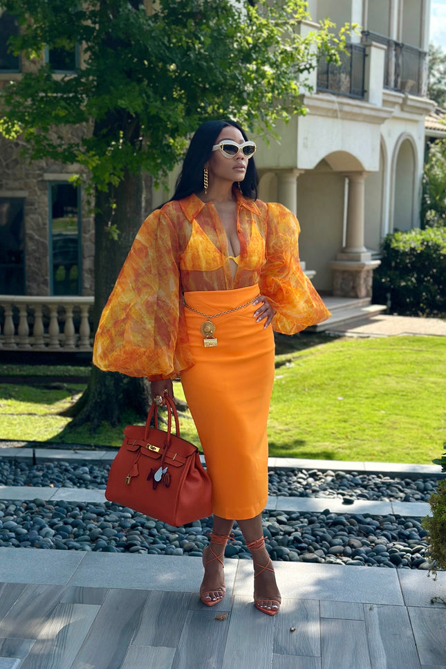 Orange bloom Pencil Skirt by Sai Sankoh, luxury resort skirt