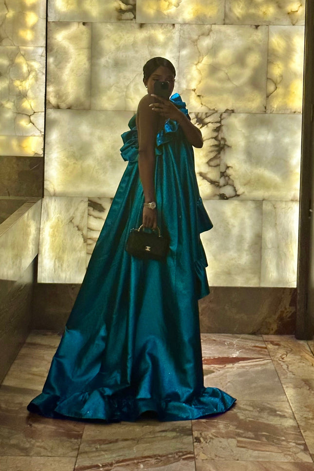 Metallic Blue Selma Ruffle Dress by Sai Sankoh, luxury resort dress