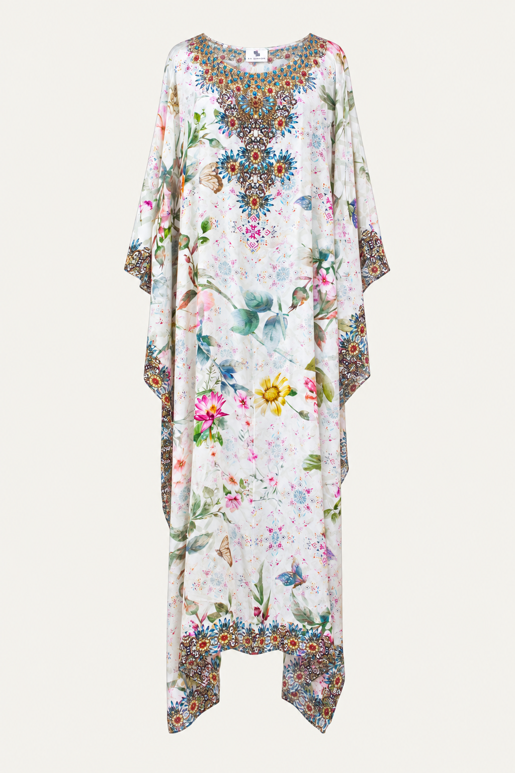 Gloria Long Silk Crepe Embellished Box Kaftan