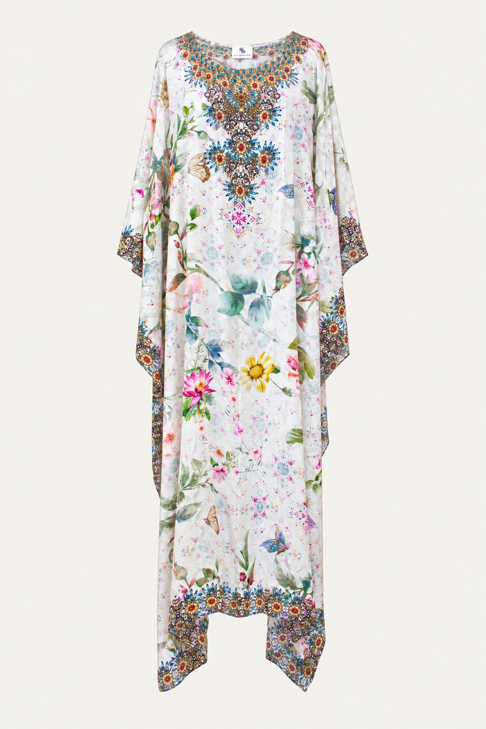 Gloria Long Silk Crepe Embellished Box Kaftan