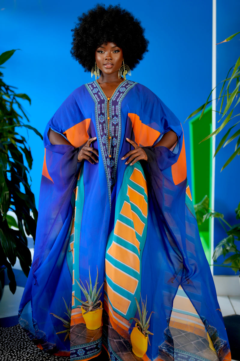 Majorelle Goddess Kaftan by Sai Sankoh, luxury resort kaftan