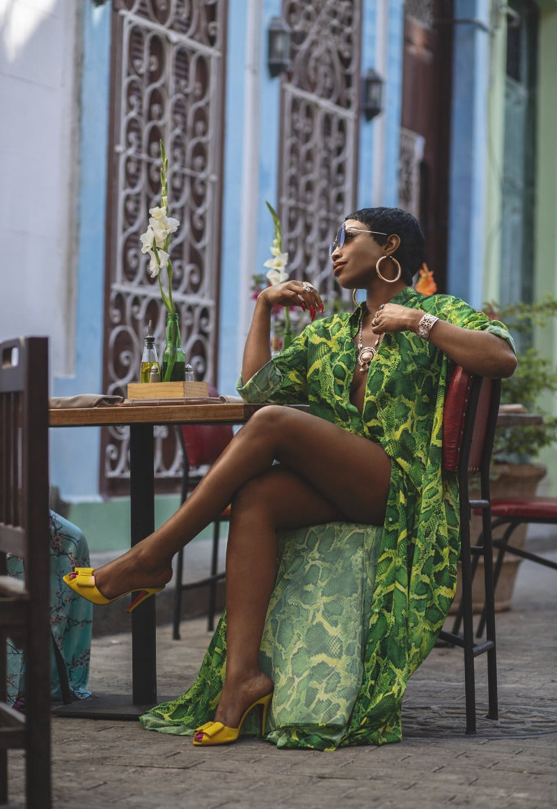 Algeria Shirt Dress by Sai Sankoh — green snake-print resort shirt dress, view 5