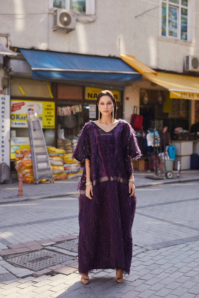 Purple Sibel Fringe Box Kaftan by Sai Sankoh, luxury resort kaftan