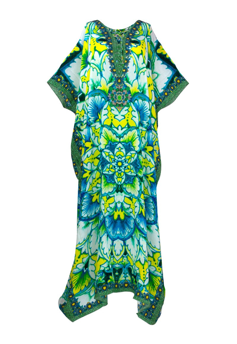 Green Guinevere Long Silk Crepe Embellished Lace Up Kaftan - saisankoh