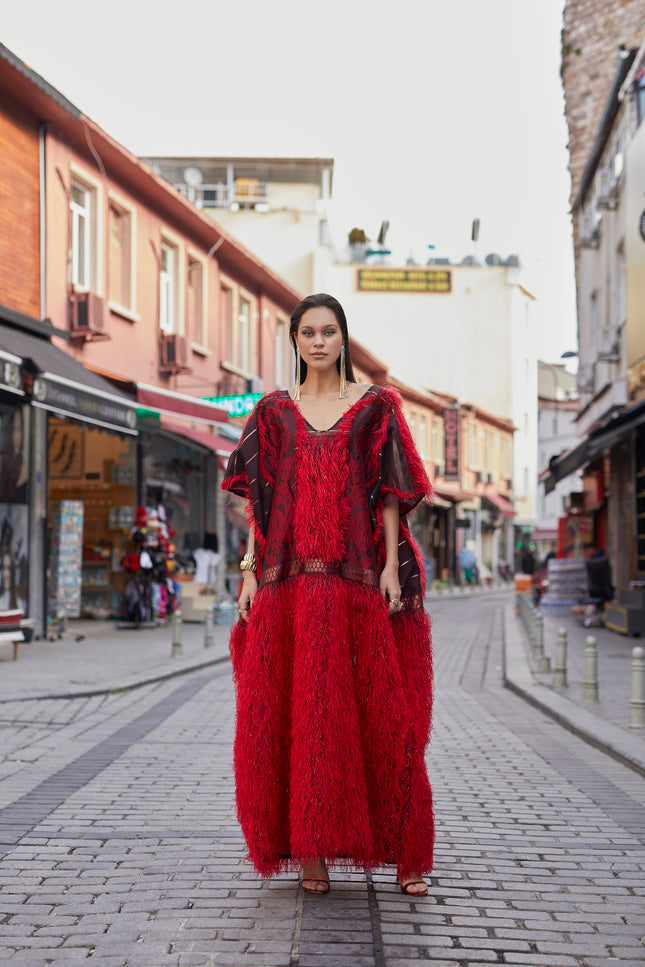 Red Sibel Fringe Box Kaftan by Sai Sankoh — view 2