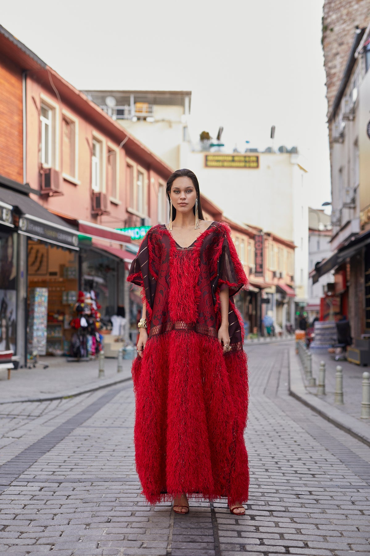 Red Sibel Fringe Box Kaftan by Sai Sankoh — view 2