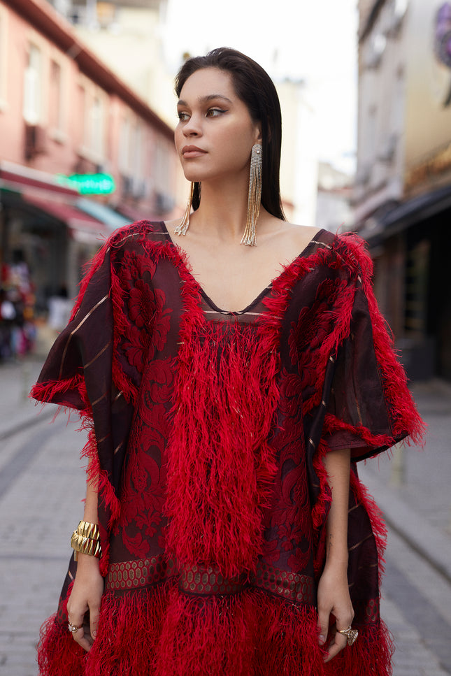 Red Sibel Fringe Box Kaftan by Sai Sankoh, luxury resort kaftan