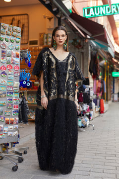 Black Sibel Fringe Box Kaftan by Sai Sankoh, luxury resort kaftan