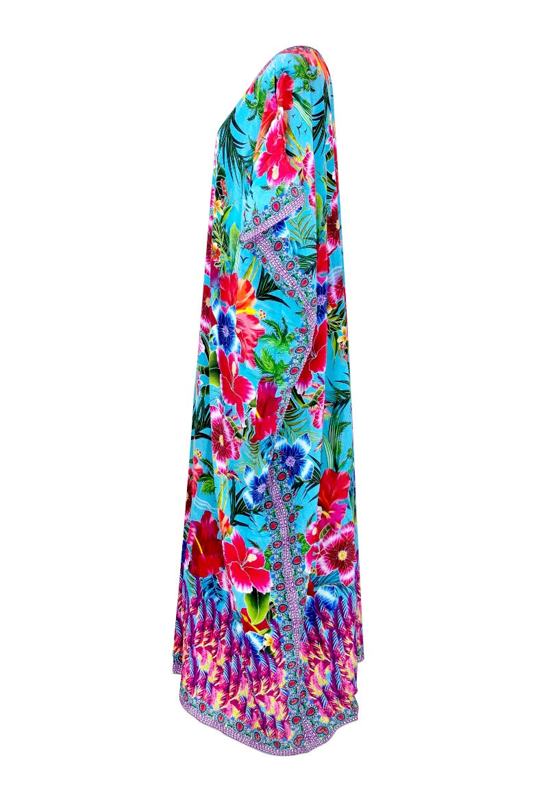 Lynae Long Lace Up Silk Crepe Embellished Box Kaftan - saisankoh