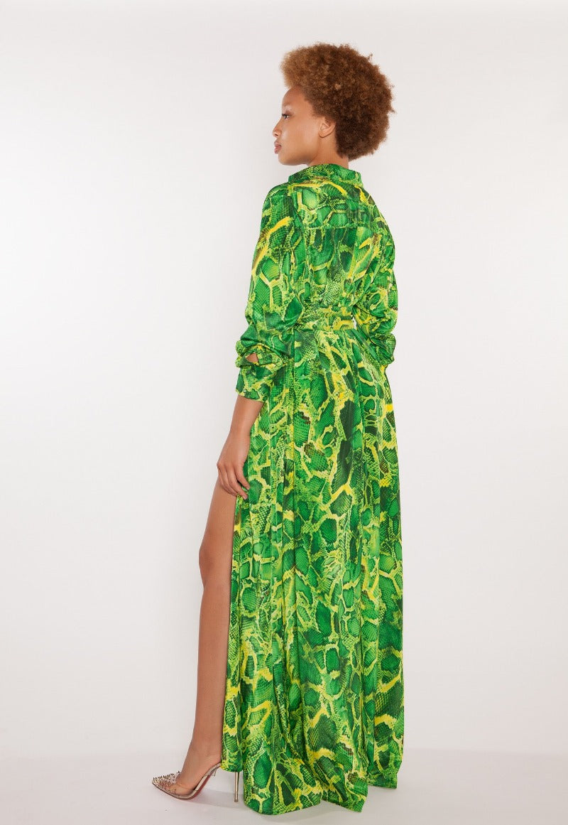 Algeria Shirt Dress by Sai Sankoh — green snake-print resort shirt dress, view 4
