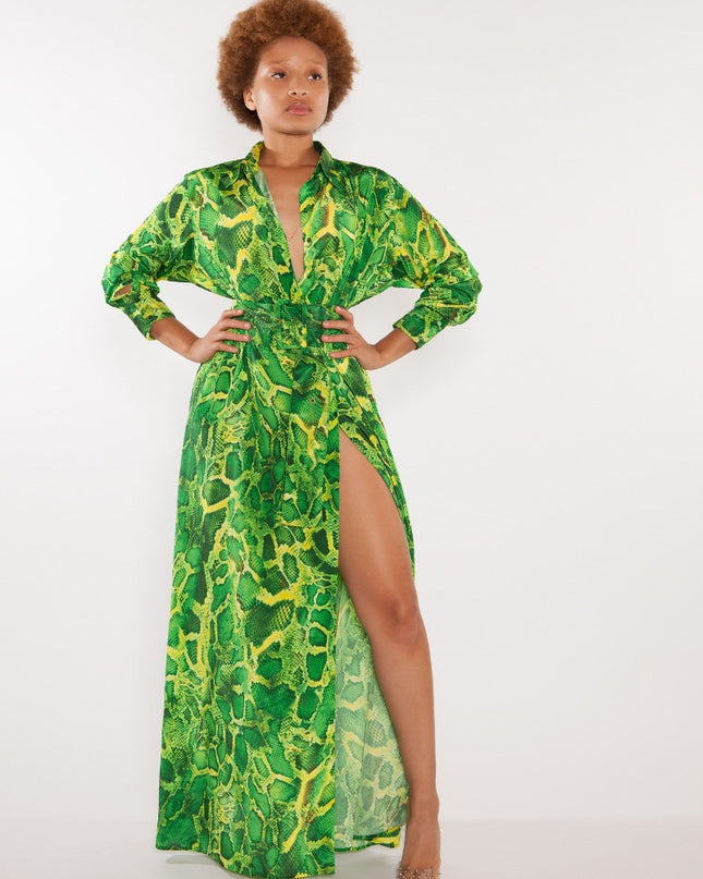 Algeria Shirt Dress by Sai Sankoh — green snake-print resort shirt dress, view 2