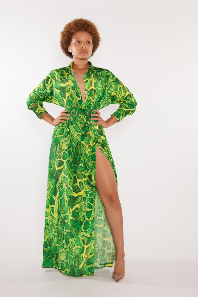 Algeria Shirt Dress by Sai Sankoh — green snake-print resort shirt dress, view 2