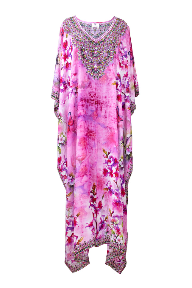 Sonya 54 Inch Silk Crepe Embellished Kaftan by Sai Sankoh, luxury resort kaftan