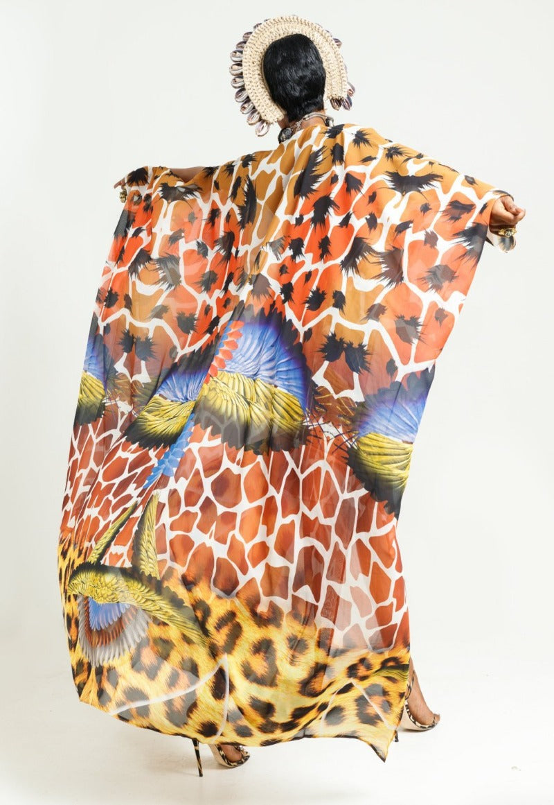 Madagascar Goddess Kaftan by Sai Sankoh, vibrant print luxury resort kaftan