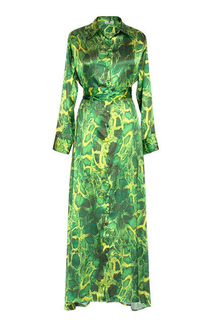 Algeria Shirt Dress by Sai Sankoh, green snake-print luxury resort shirt dress