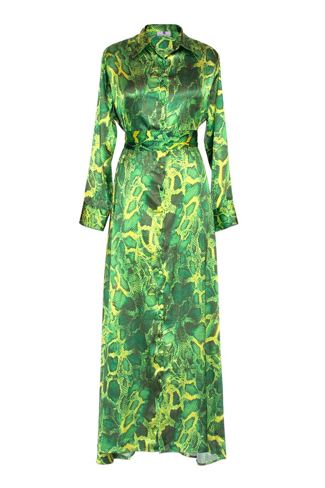 Algeria Shirt Dress by Sai Sankoh, green snake-print luxury resort shirt dress