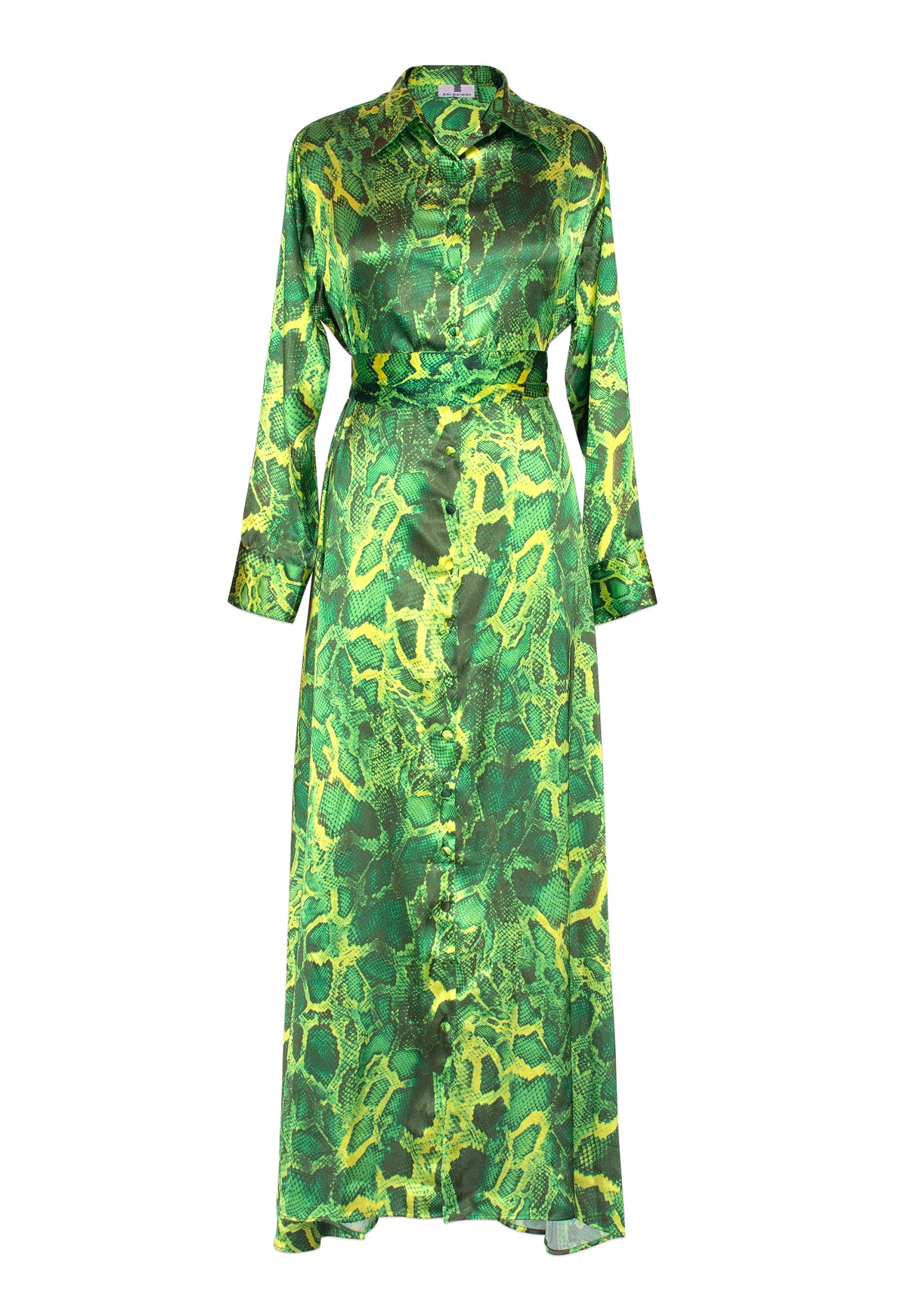 Algeria Shirt Dress by Sai Sankoh, green snake-print luxury resort shirt dress
