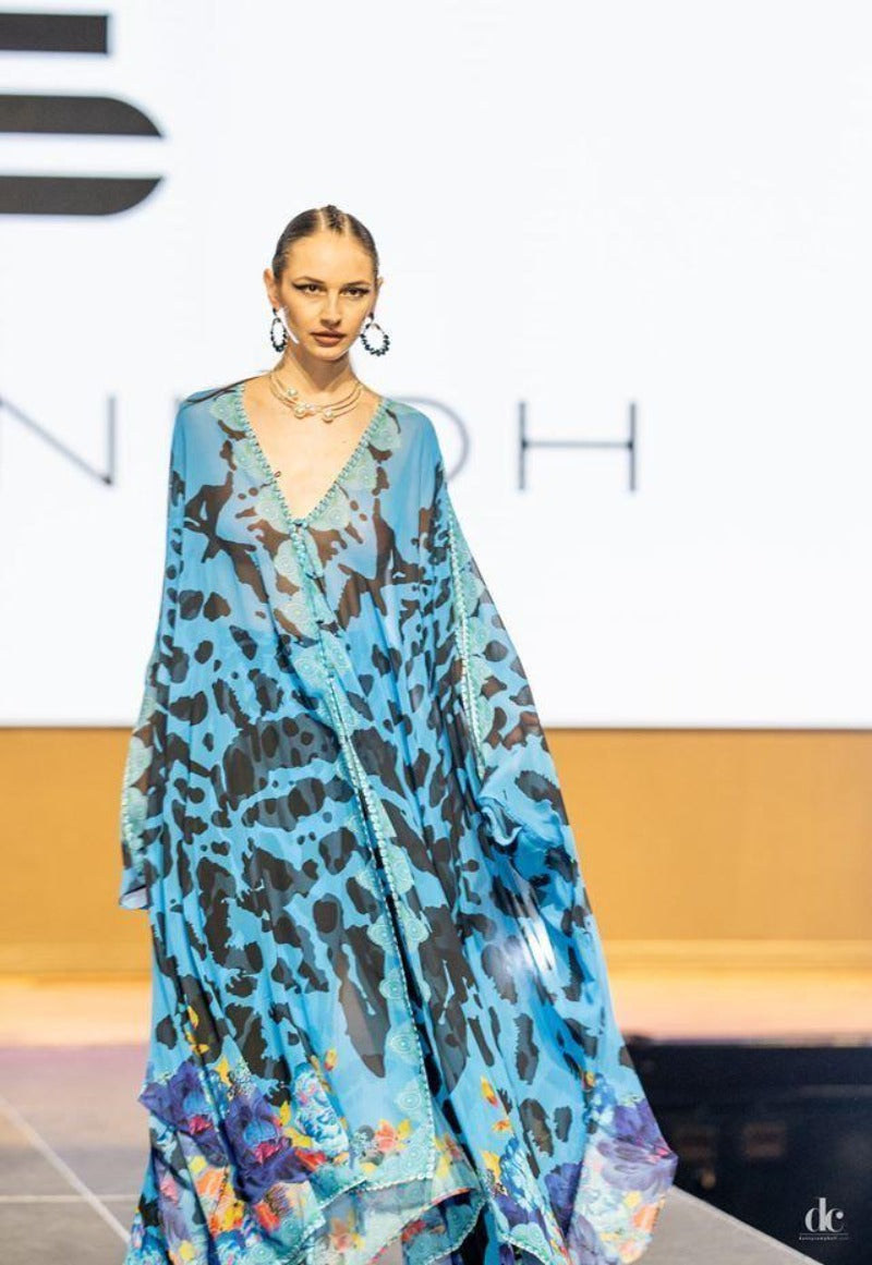 blue and black printed kaftans with florals for maldives 