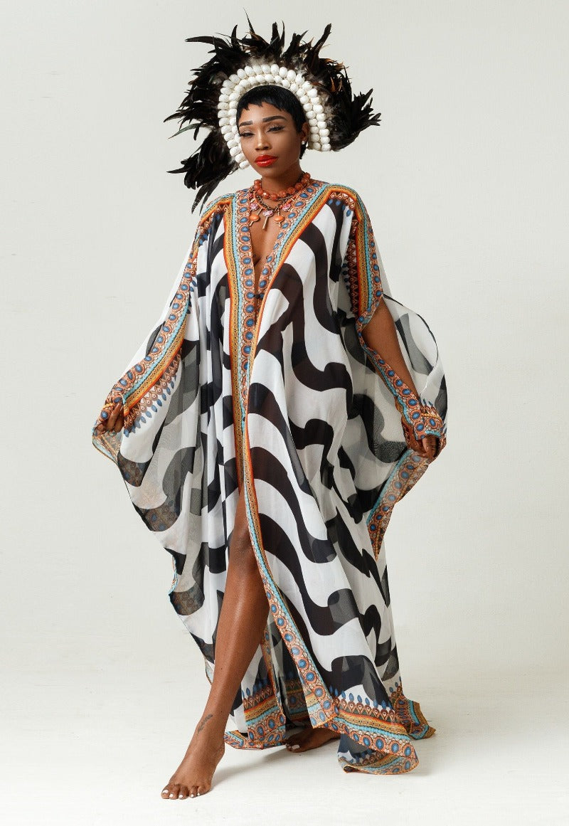 Tanzania Goddess Kaftan by Sai Sankoh, warm earth-tone print luxury resort kaftan